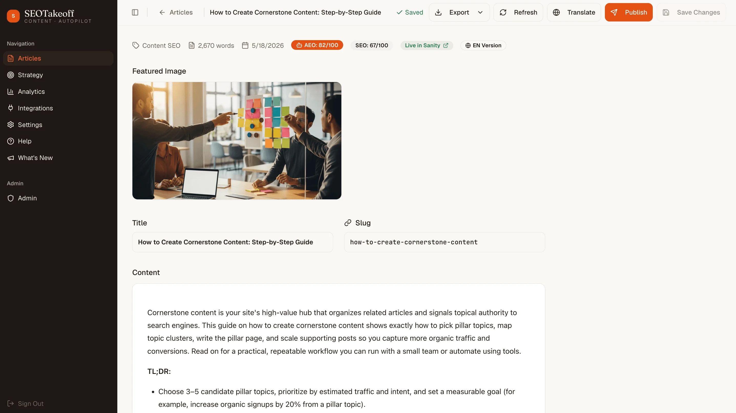 SEOTakeoff article editor showing a completed article ready for review and publishing