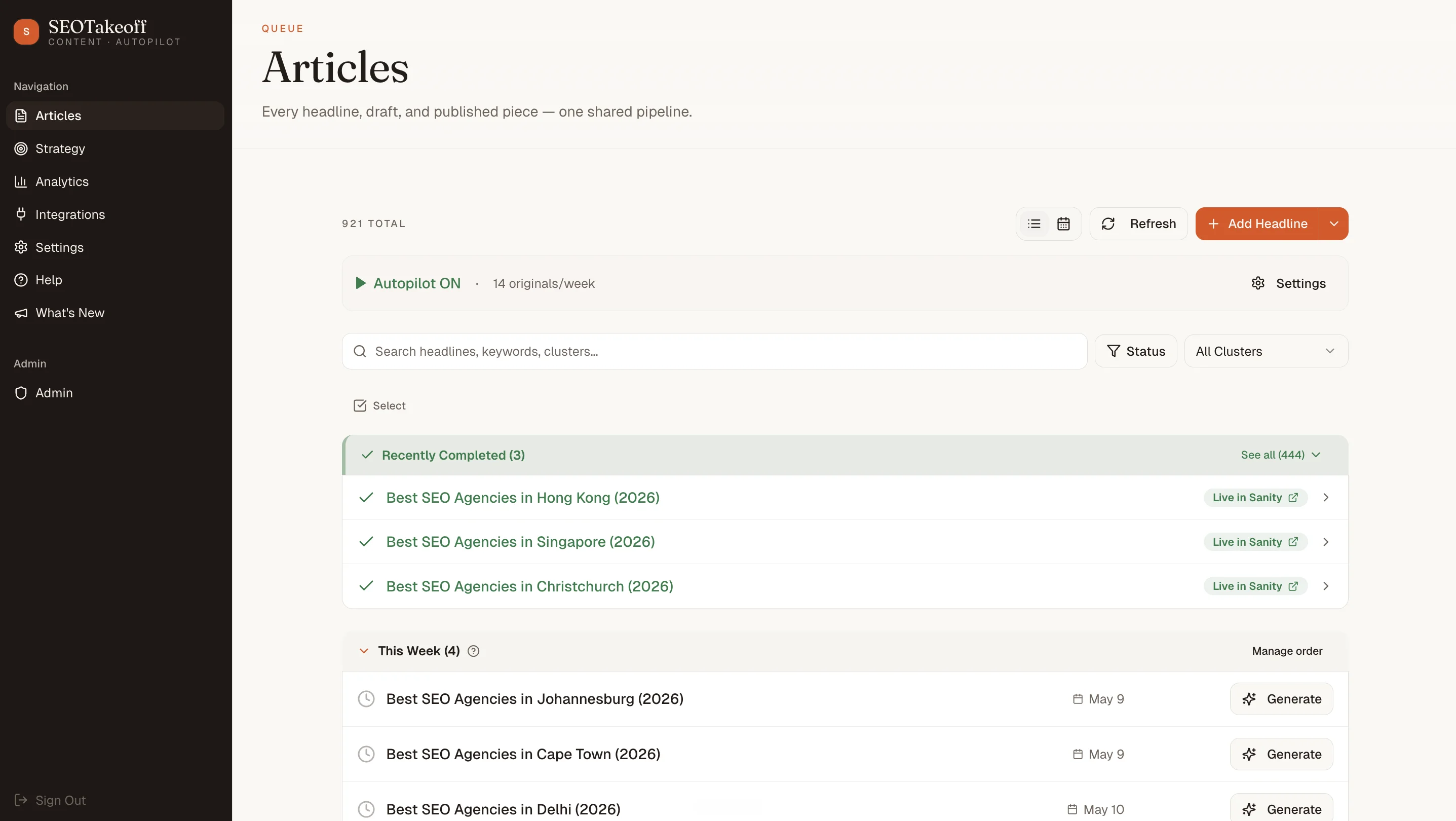 SEOTakeoff article queue showing article statuses and publishing workflow