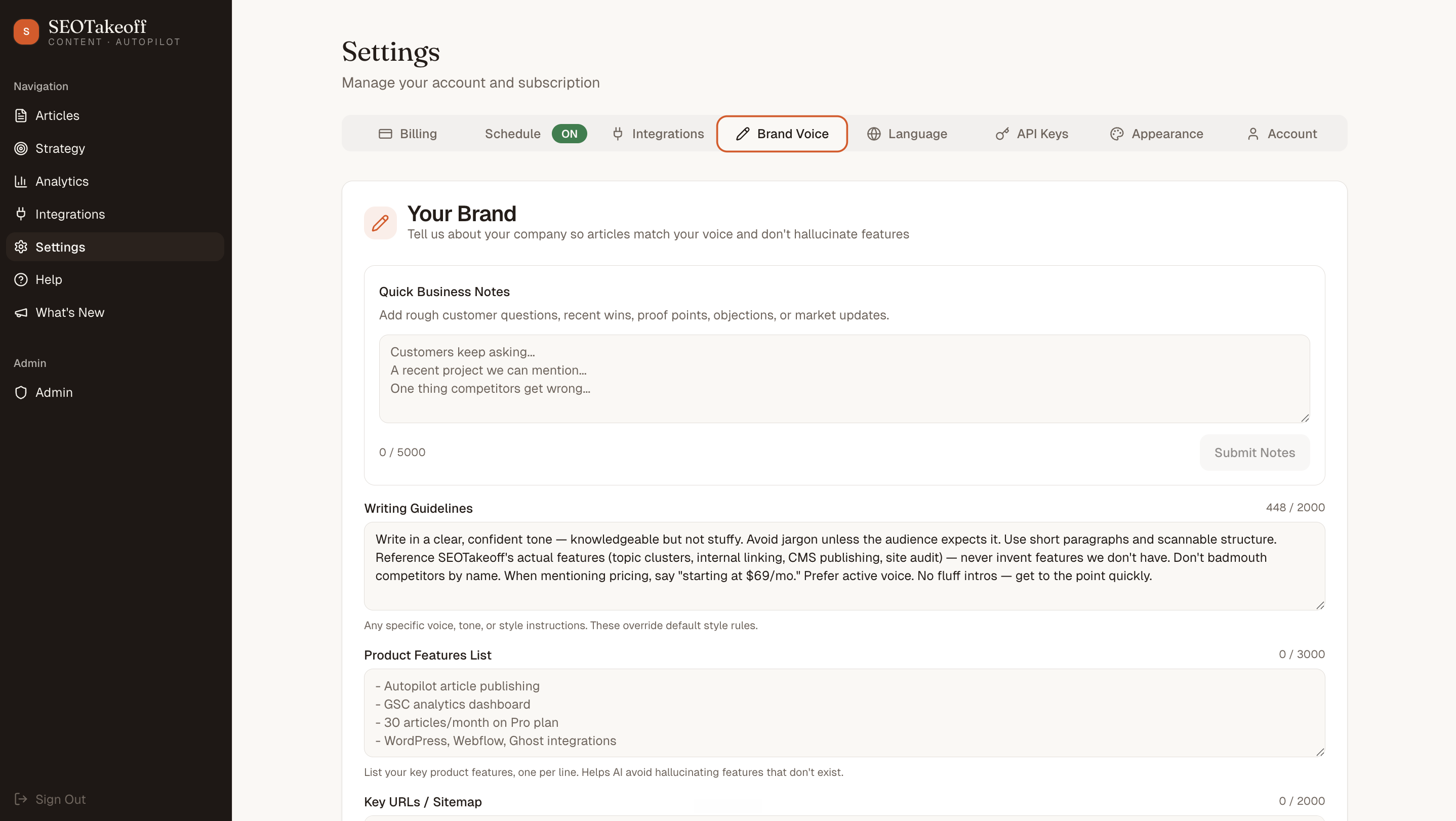 SEOTakeoff Brand Voice settings showing business notes, writing guidelines, product features list, and key URLs that shape every article